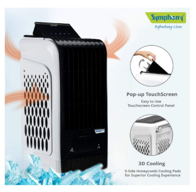 Symphony Diet 3D 40i Tower Air Cooler 40-litres with Magnetic Remote, 3-Side Cooling Pads, Pop-up Touchscreen (Black & White) CASHBACK 39Rs buyyzo