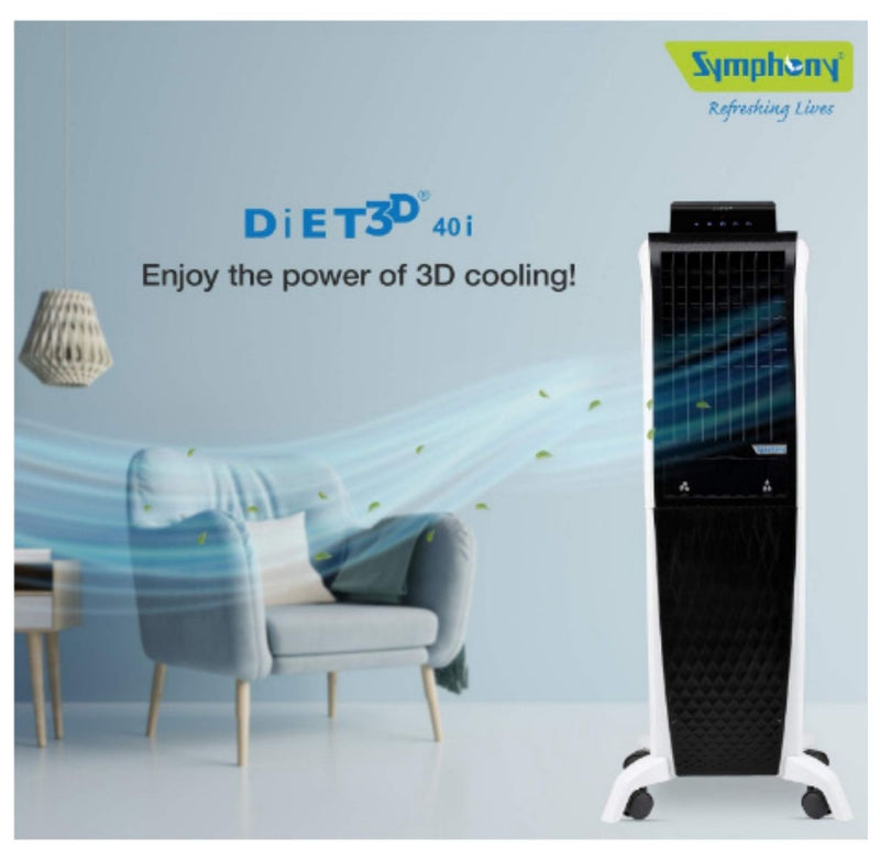 Symphony Diet 3D 40i Tower Air Cooler 40-litres with Magnetic Remote, 3-Side Cooling Pads, Pop-up Touchscreen (Black & White) CASHBACK 39Rs buyyzo