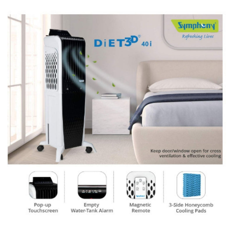 Symphony Diet 3D 40i Tower Air Cooler 40-litres with Magnetic Remote, 3-Side Cooling Pads, Pop-up Touchscreen (Black & White) CASHBACK 39Rs buyyzo