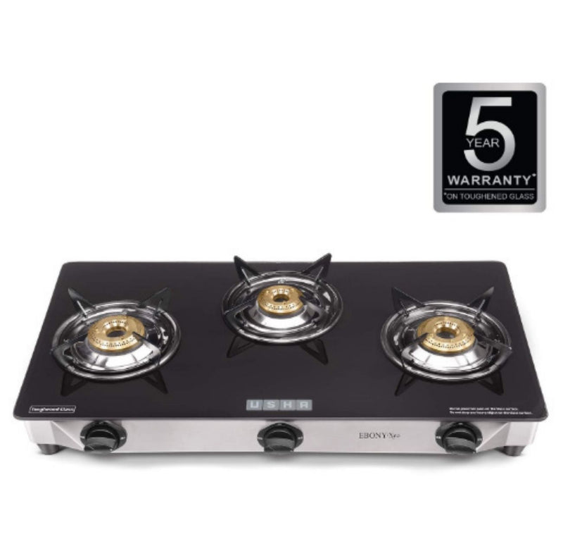 USHA Ebony Neo GS 3003 SS Stainless Steel Thick Toughened Glass Top 3 Burner Gas Stove. BUYYZO