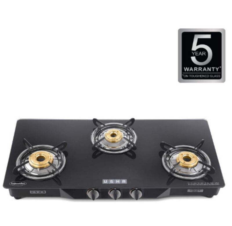 USHA Ebony Neo GS 3003 SS Stainless Steel Thick Toughened Glass Top 3 Burner Gas Stove. BUYYZO