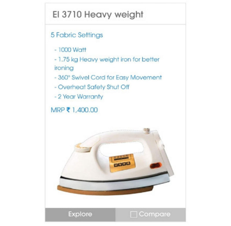 Usha EI 3710 Heavy Weight 1000-Watt Dry Iron, 1.75 Kg(White) buyyzo