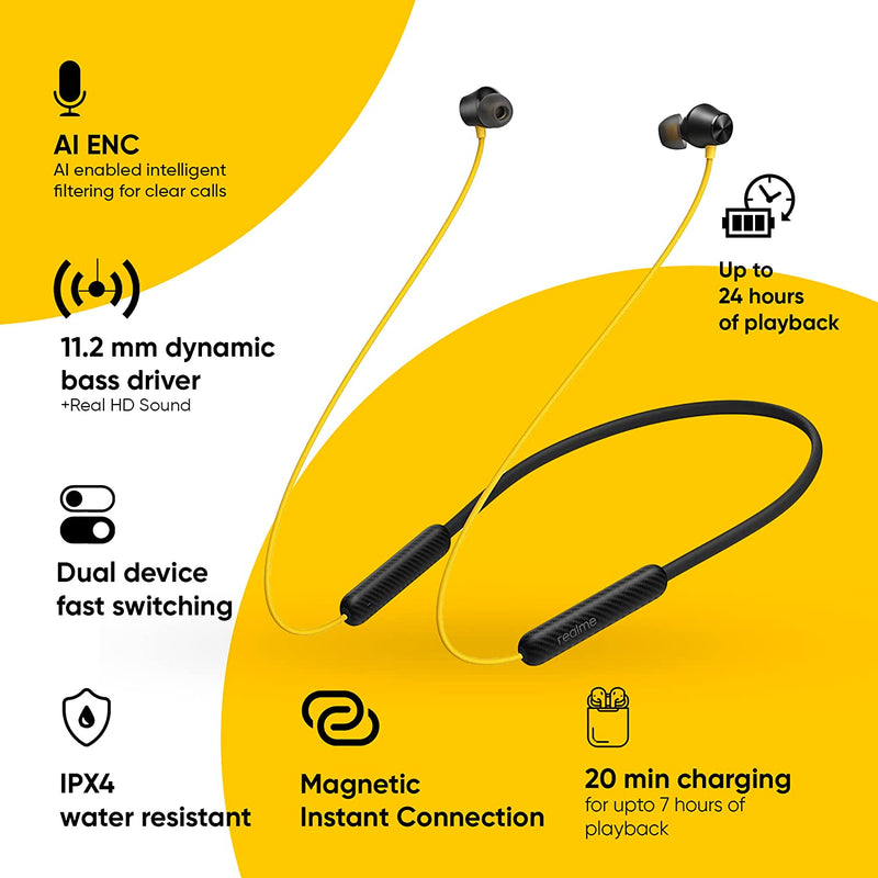 Realme Buds Wireless 2S in Ear Earphone with mic, Dual Device Switching & Type C Fast Charge & Up to 24Hrs Playtime, Bluetooth Headset Neckband (Black)