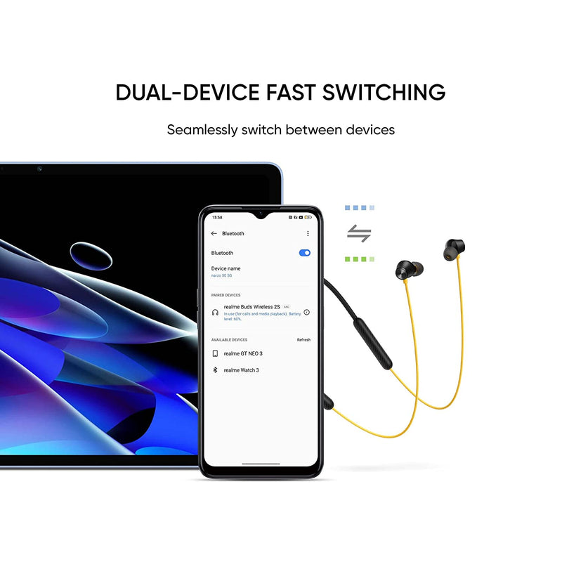 Realme Buds Wireless 2S in Ear Earphone with mic, Dual Device Switching & Type C Fast Charge & Up to 24Hrs Playtime, Bluetooth Headset Neckband (Black)