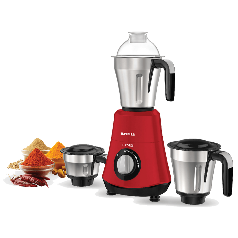 HAVELLS GHFMGDRR075 Hydro 750 W, 3 Multipurpose Stainless Steel Jar With 750 Mixer Grinder (3 Jars, Ruby Red)