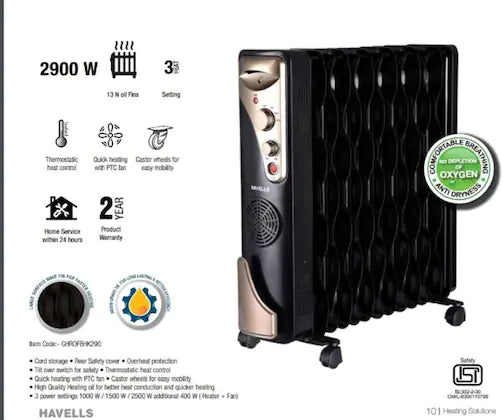 Havells GHROFBFK290 Oil Filled Room Heater (Black)