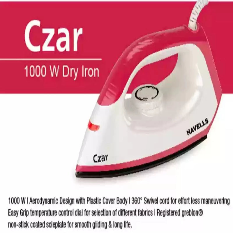 Havells CZAR DRY IRON 1000 W, Non Stick Coated (Ruby & White)