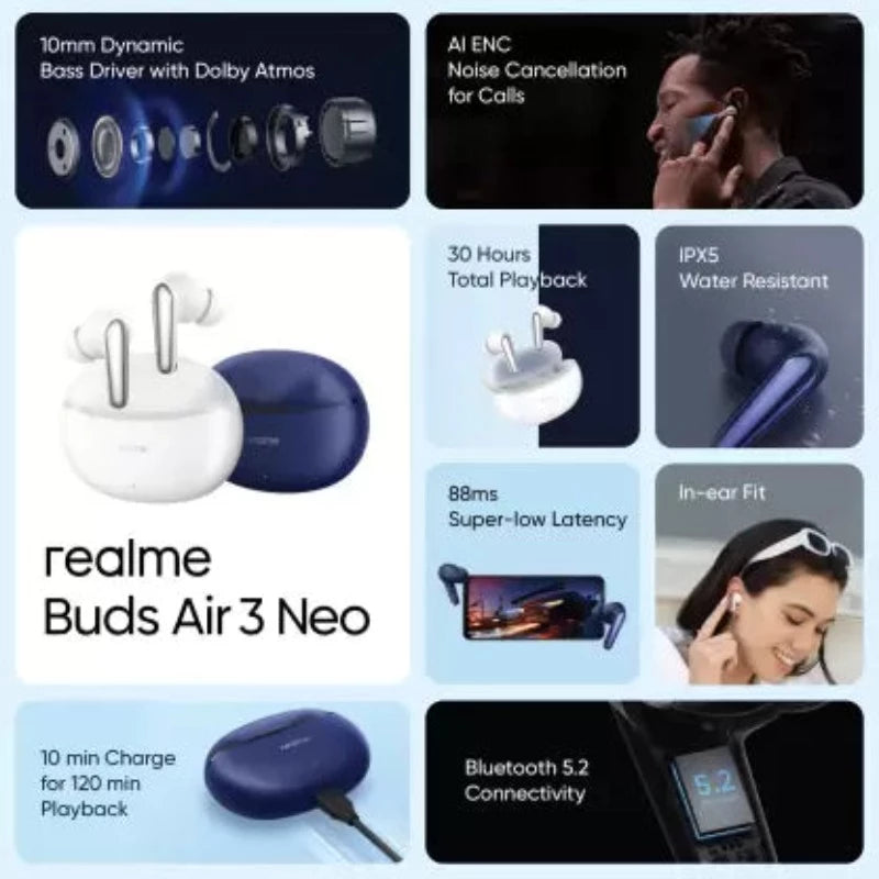 realme Buds Air 3 Neo with up to 30 hours Playback & Fast Charge Bluetooth Headset  (Starry Blue, True Wireless)