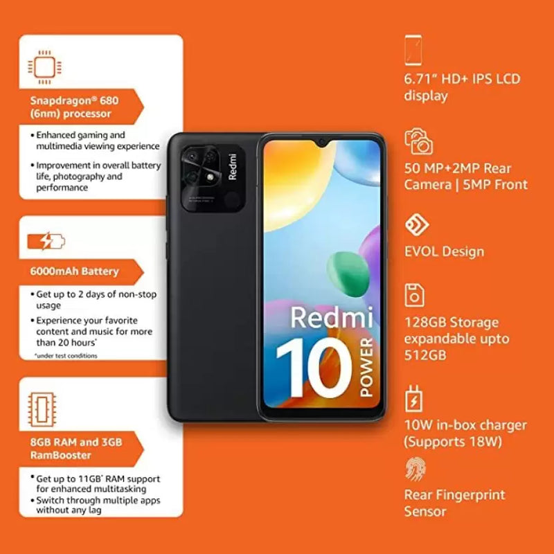 Redmi 10 Power (Sporty Orange, 8GB RAM, 128GB Storage)